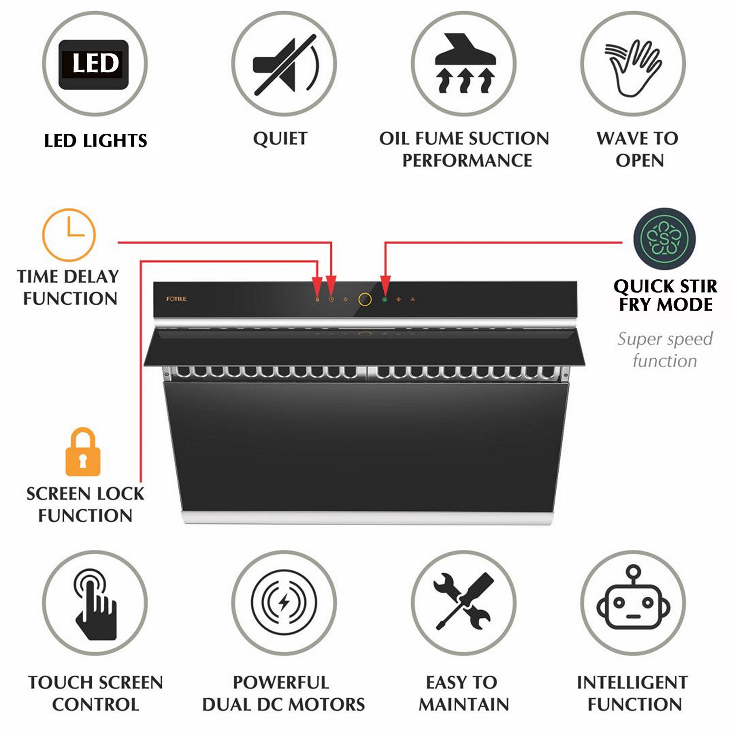 FOTILE V Series 30" 1000 CFM Range Hood with Touchscreen in Onyx Black Tempered Glass - JQG7505